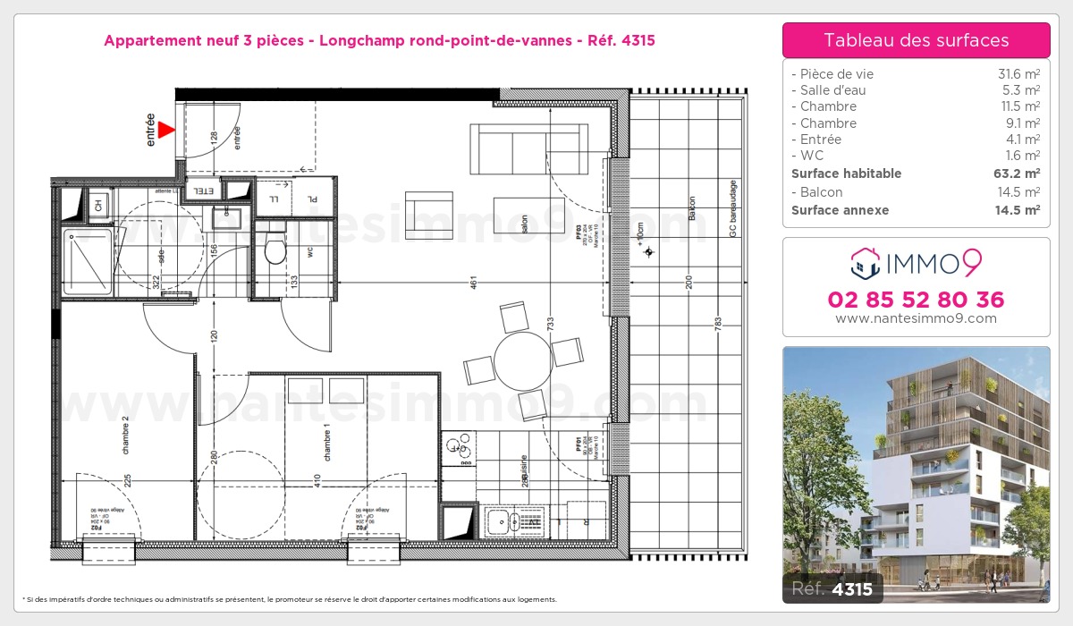 Plan et surfaces, Programme neuf Nantes : Longchamp rond-point-de-vannes Référence n° 4315