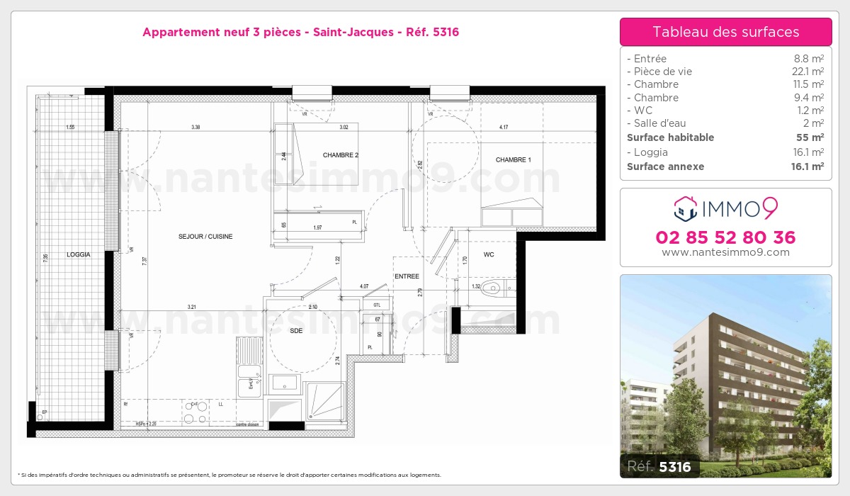 Plan et surfaces, Programme neuf Nantes : Saint-Jacques Référence n° 5316