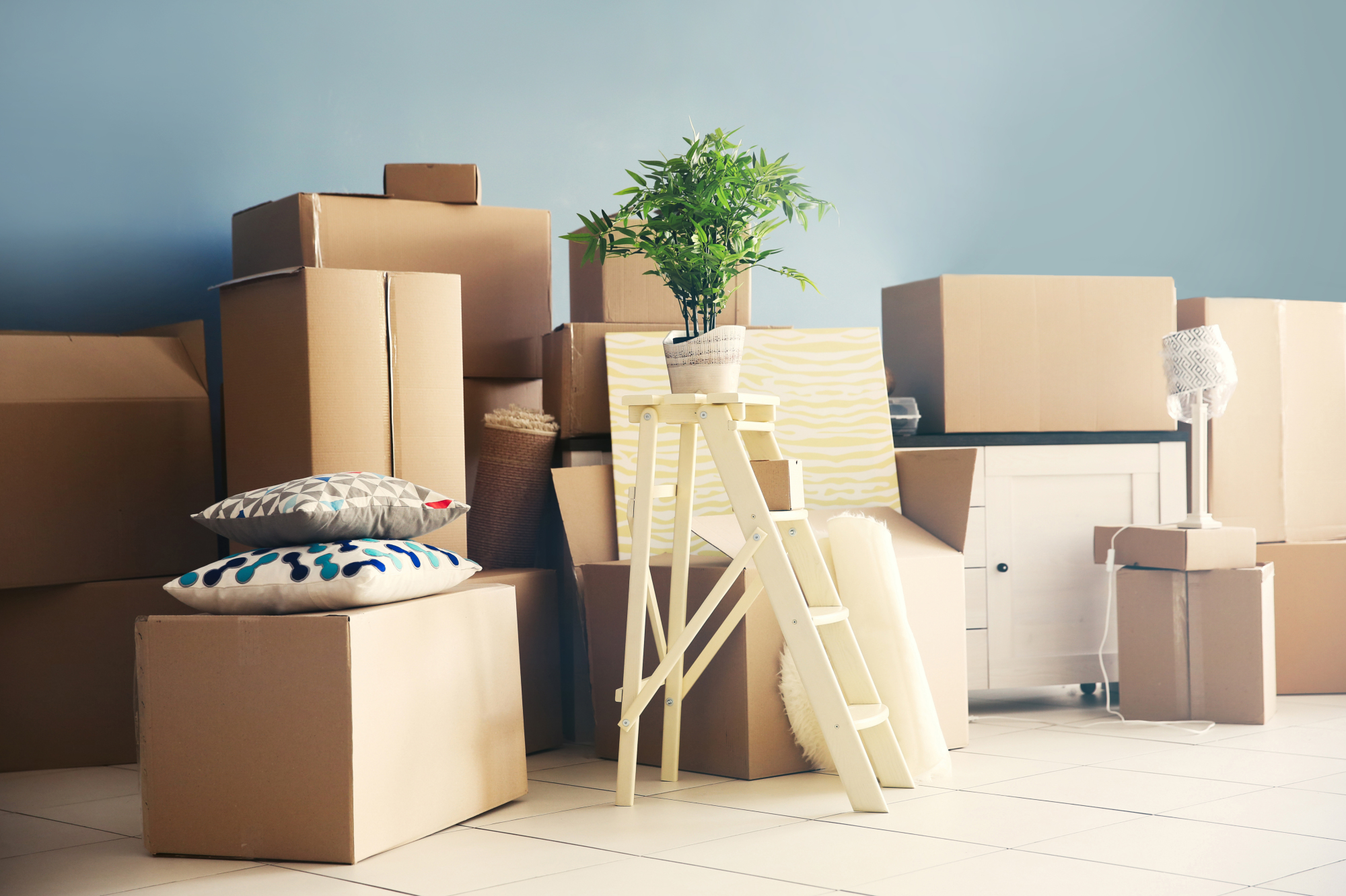 Cartons de déménagements et objets de décoration dans un appartement