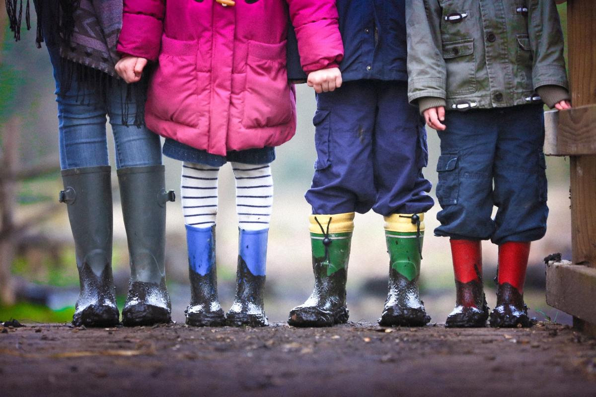 Meilleures écoles Nantes – Quatre enfants en tenue de pluie alignés