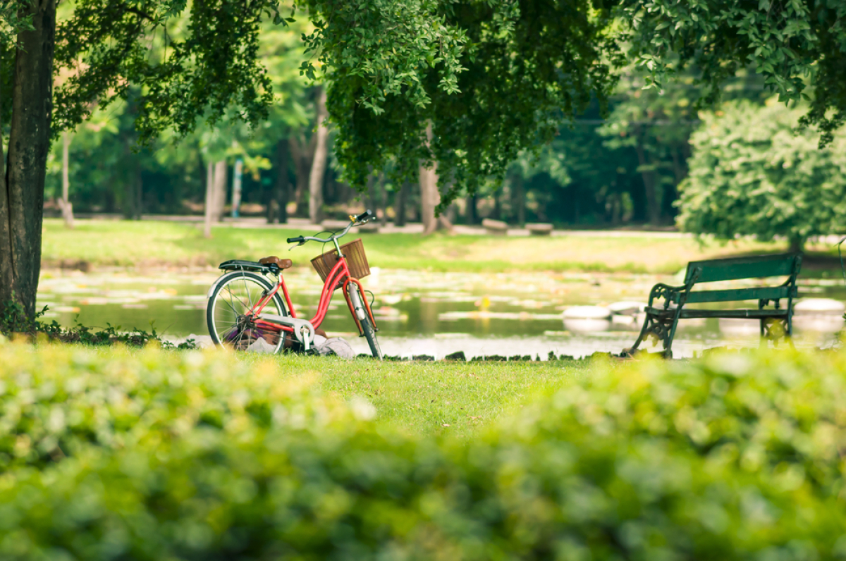 parc de Loire ile de Nantes– un vélo rouge dans un parc arboré près d’un point d’eau