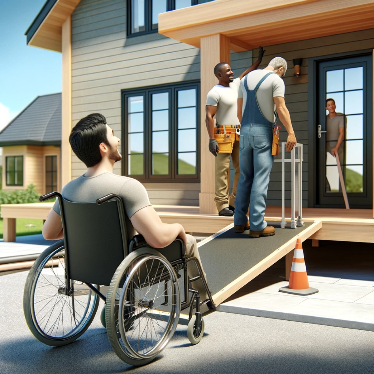 un homme en fauteuil roulant observe des ouvriers installer une rampe d’accès devant sa maison