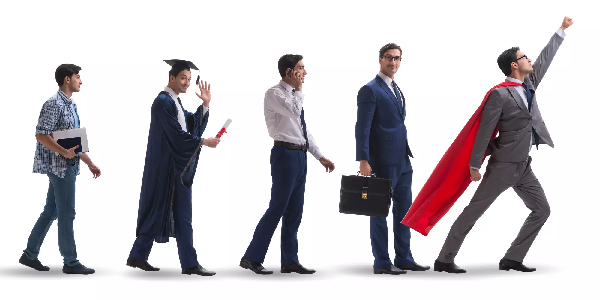 un homme progresse sur le chemin de la vie en changeant de tenue et d'attitude