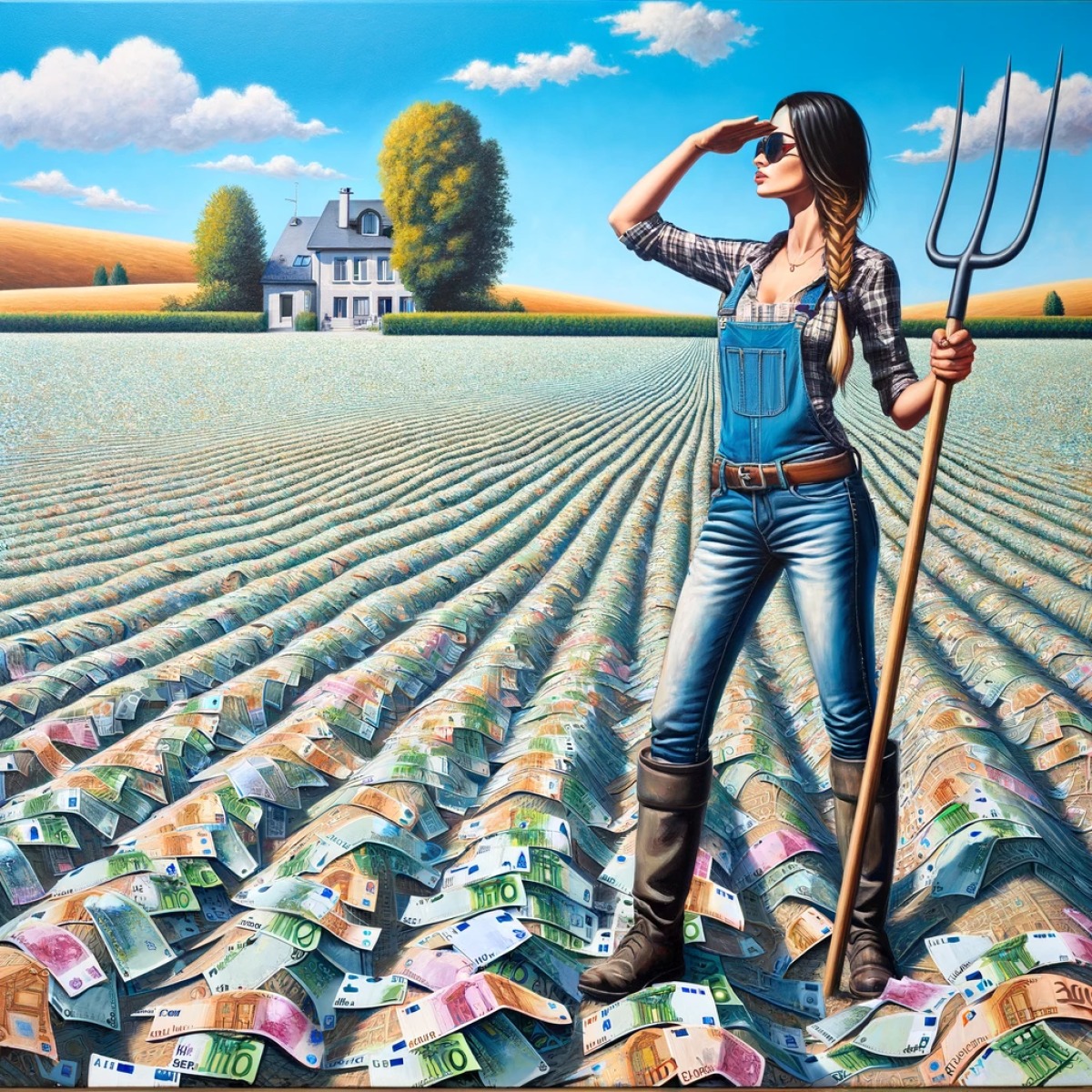 une femme plante un champ de billets et regarde son œuvre avec une fourche à la main