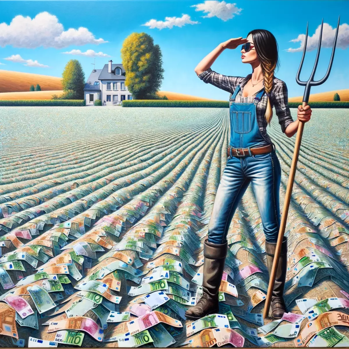 planter des billets n’a encore jamais fonctionné pour la constitution d’un apport personnel. une femme plante un champ de billets et regarde son œuvre avec une fourche à la main