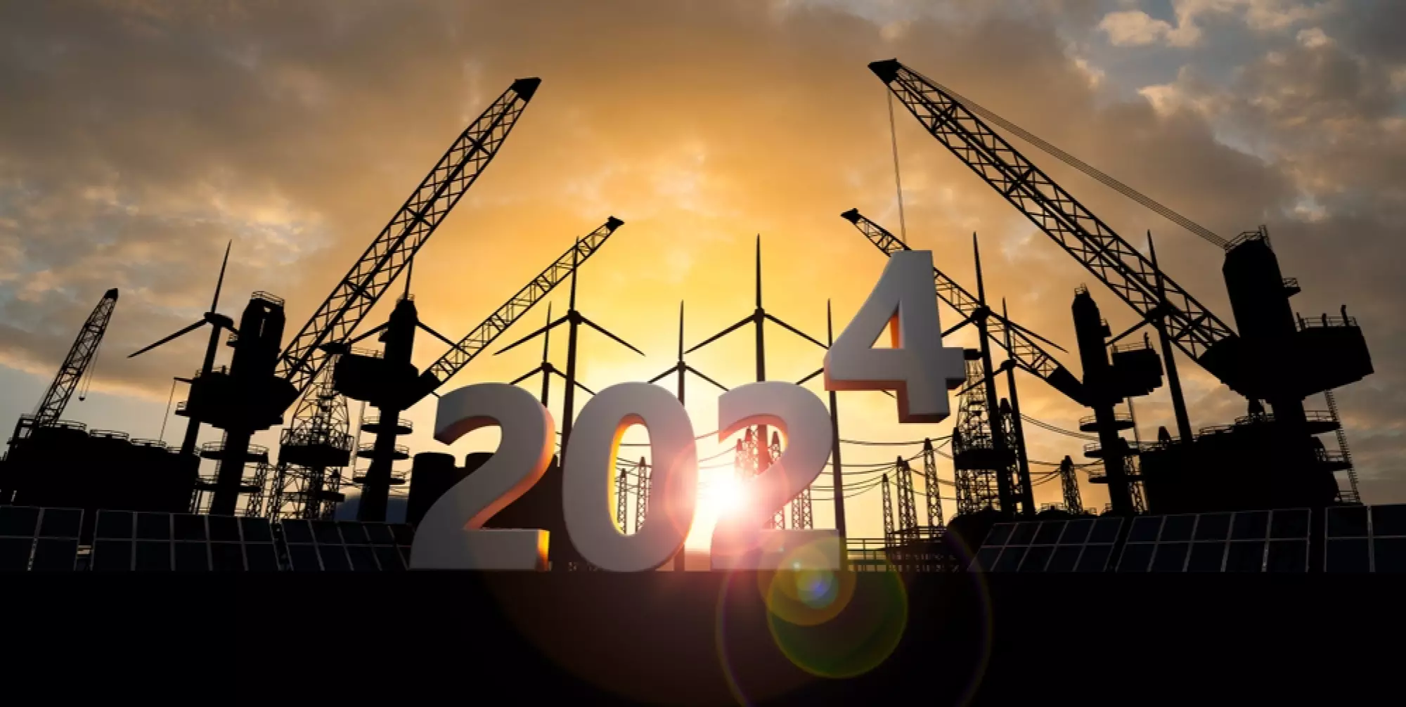 chantier au coucher du soleil avec le nombre 2024 en caractères géants