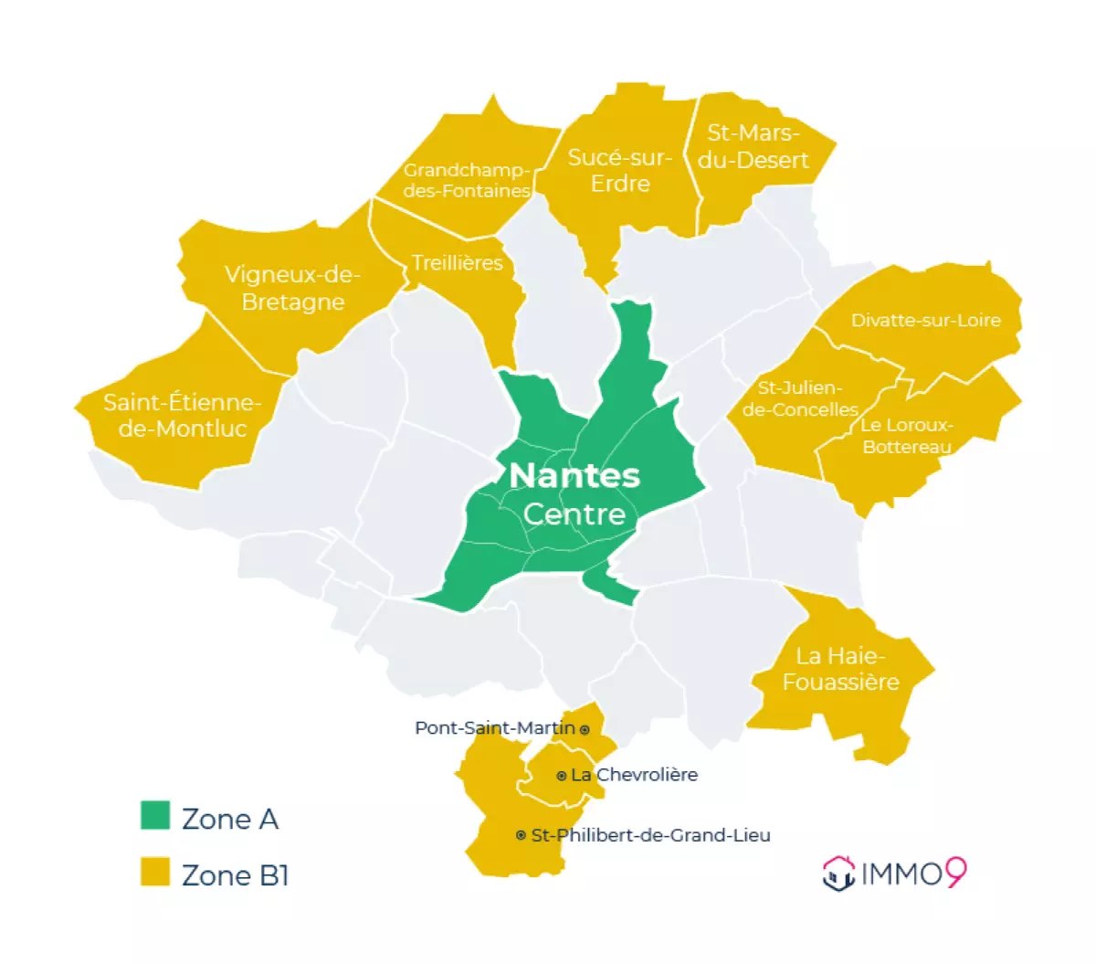 Nantes centre et quelques communes de sa périphérie passent en zone A et B1 des dispositifs Pinel et PTZ Carte de la Zone A Pinel et Zone A PTZ en Loire-Atlantique