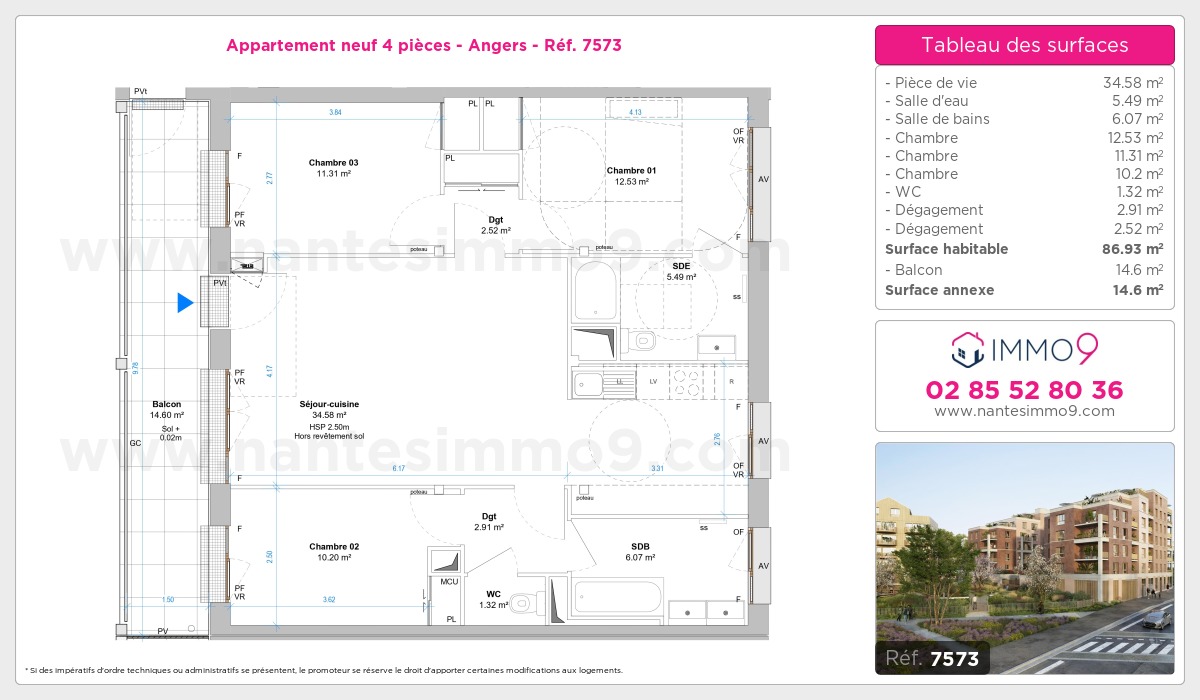 Plan et surfaces, Programme neuf Angers Référence n° 7573