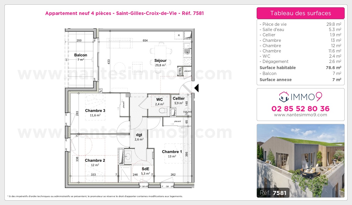 Plan et surfaces, Programme neuf Saint-Gilles-Croix-de-Vie Référence n° 7581