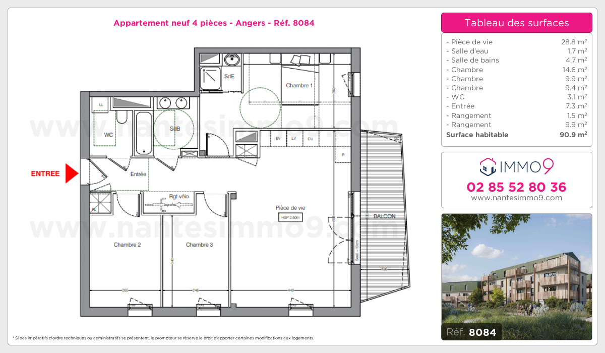 Plan et surfaces, Programme neuf Angers Référence n° 8084