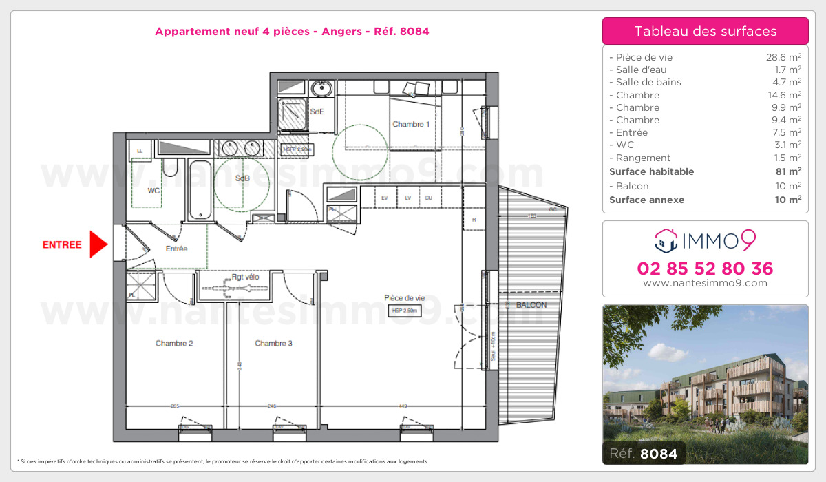Plan et surfaces, Programme neuf Angers Référence n° 8084