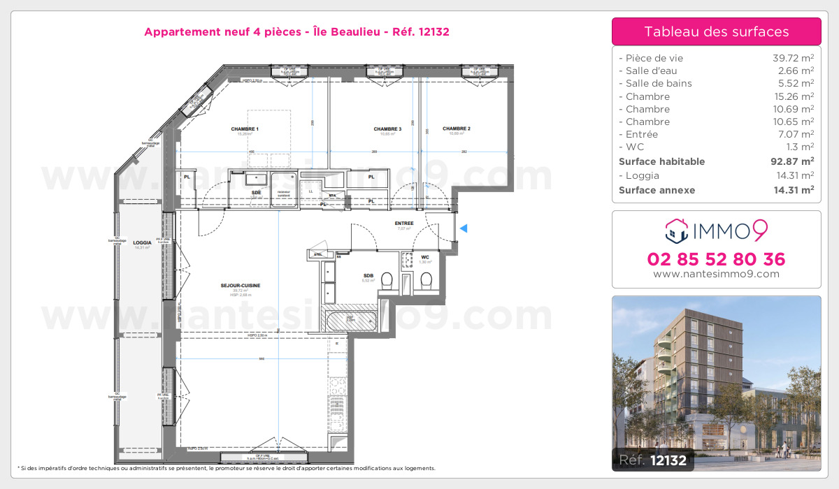 Plan et surfaces, Programme neuf Nantes : Île Beaulieu Référence n° 12132