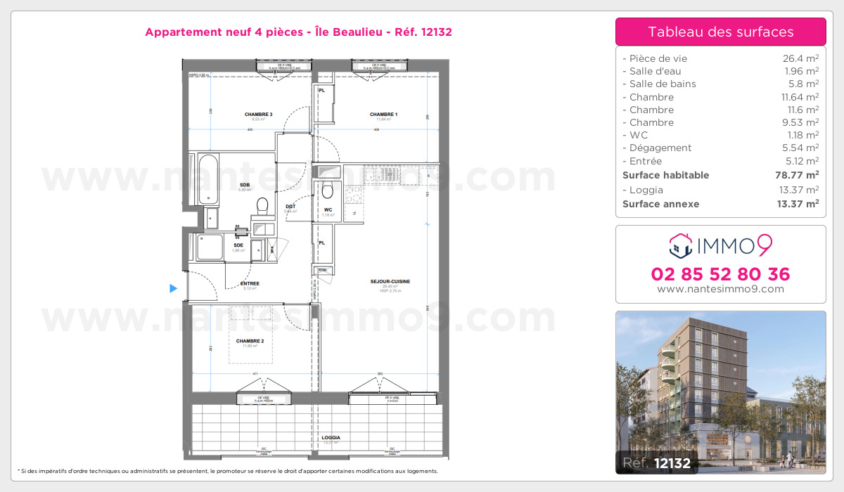 Plan et surfaces, Programme neuf Nantes : Île Beaulieu Référence n° 12132
