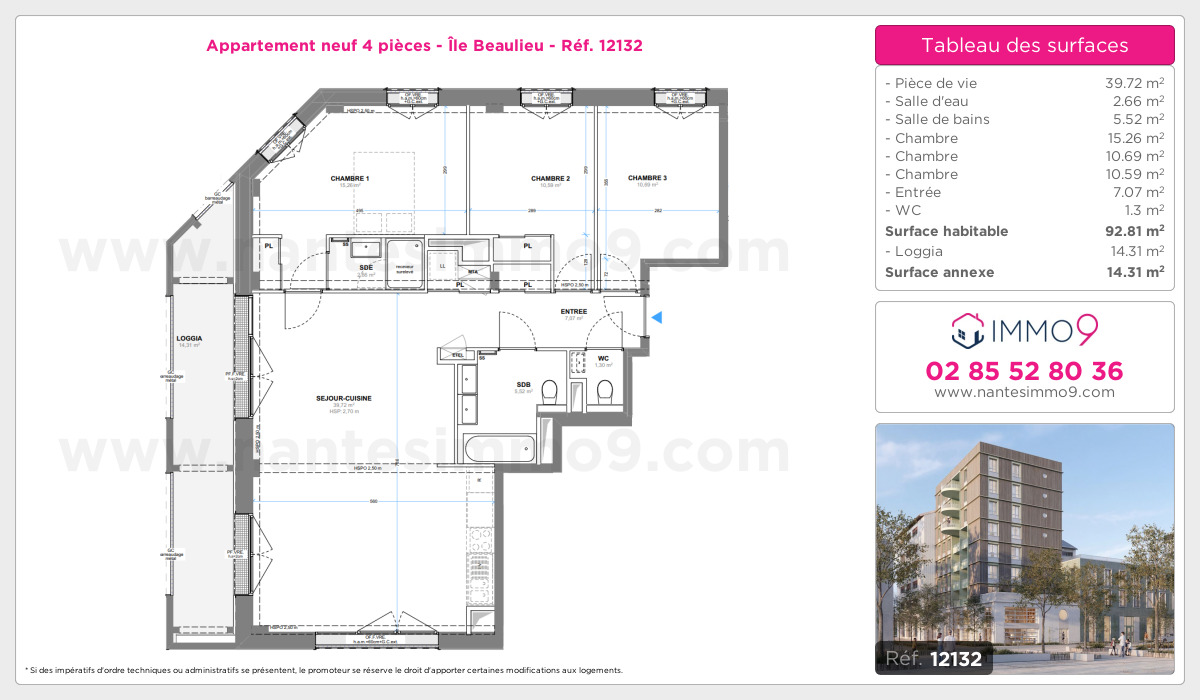 Plan et surfaces, Programme neuf Nantes : Île Beaulieu Référence n° 12132