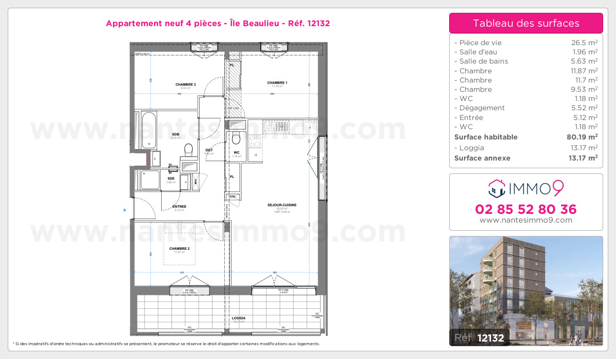 Plan et surfaces, Programme neuf Nantes : Île Beaulieu Référence n° 12132