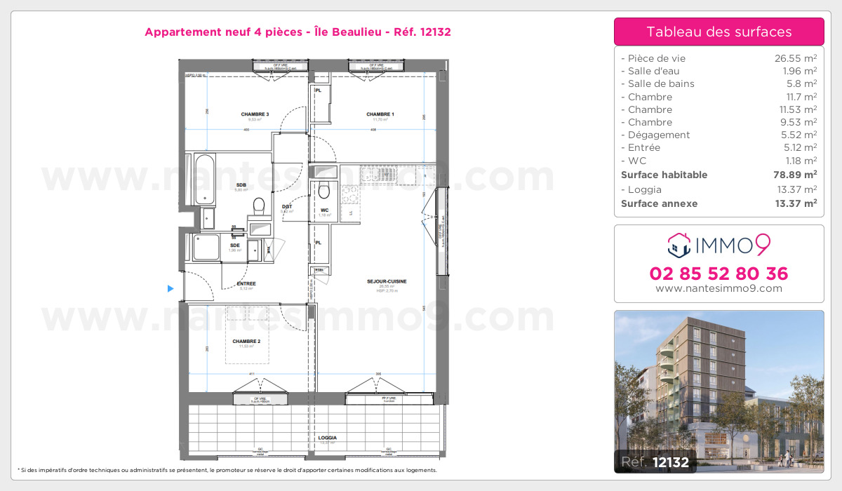 Plan et surfaces, Programme neuf Nantes : Île Beaulieu Référence n° 12132