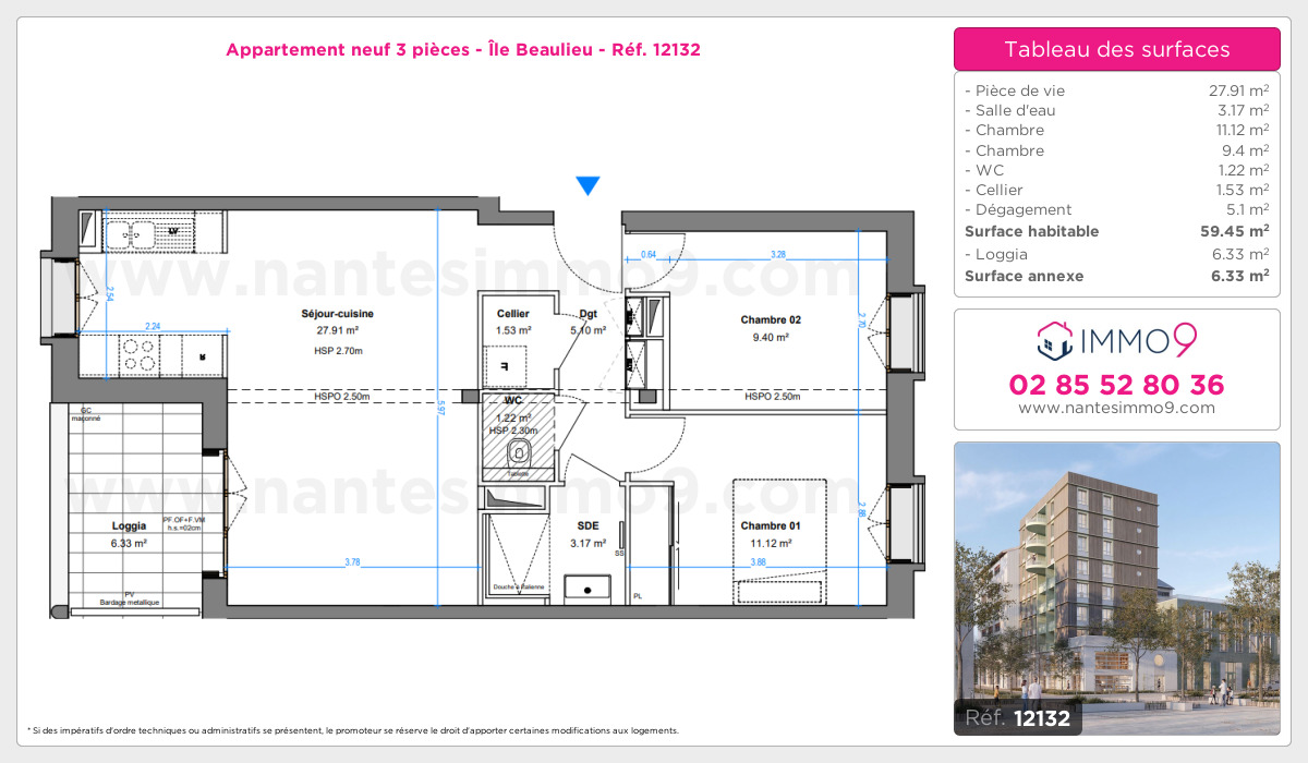 Plan et surfaces, Programme neuf Nantes : Île Beaulieu Référence n° 12132