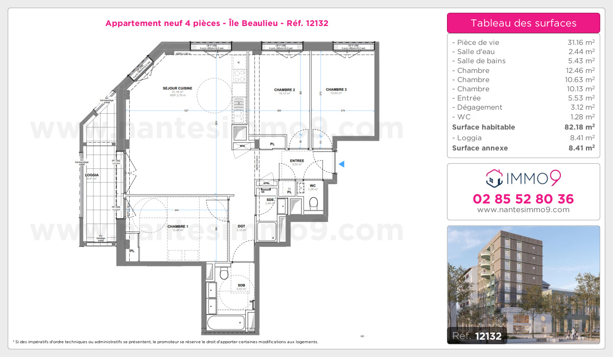 Plan et surfaces, Programme neuf Nantes : Île Beaulieu Référence n° 12132