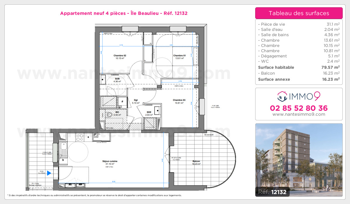 Plan et surfaces, Programme neuf Nantes : Île Beaulieu Référence n° 12132
